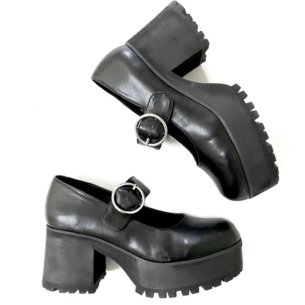 Dolls Kill Y2K Goth Vegan Faux Black Leather Buckle Platform Mary Jane Shoes